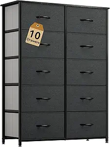 DWVO 10 Drawer Dresser - Fabric Storage Tower, Organizer Unit for Room, Living Room, Hallway, Closets - Sturdy Steel Frame, Wooden Top & Easy Pull Fabric Bins