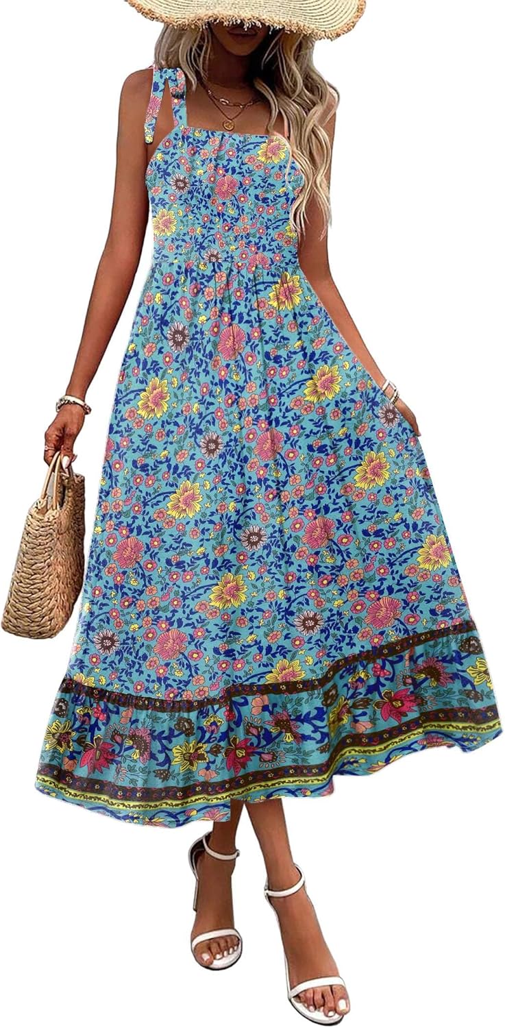 Zeagoo women summer maxi dress with pockets spaghetti strap sundress casual flowy boho dress floral tiered beach dress