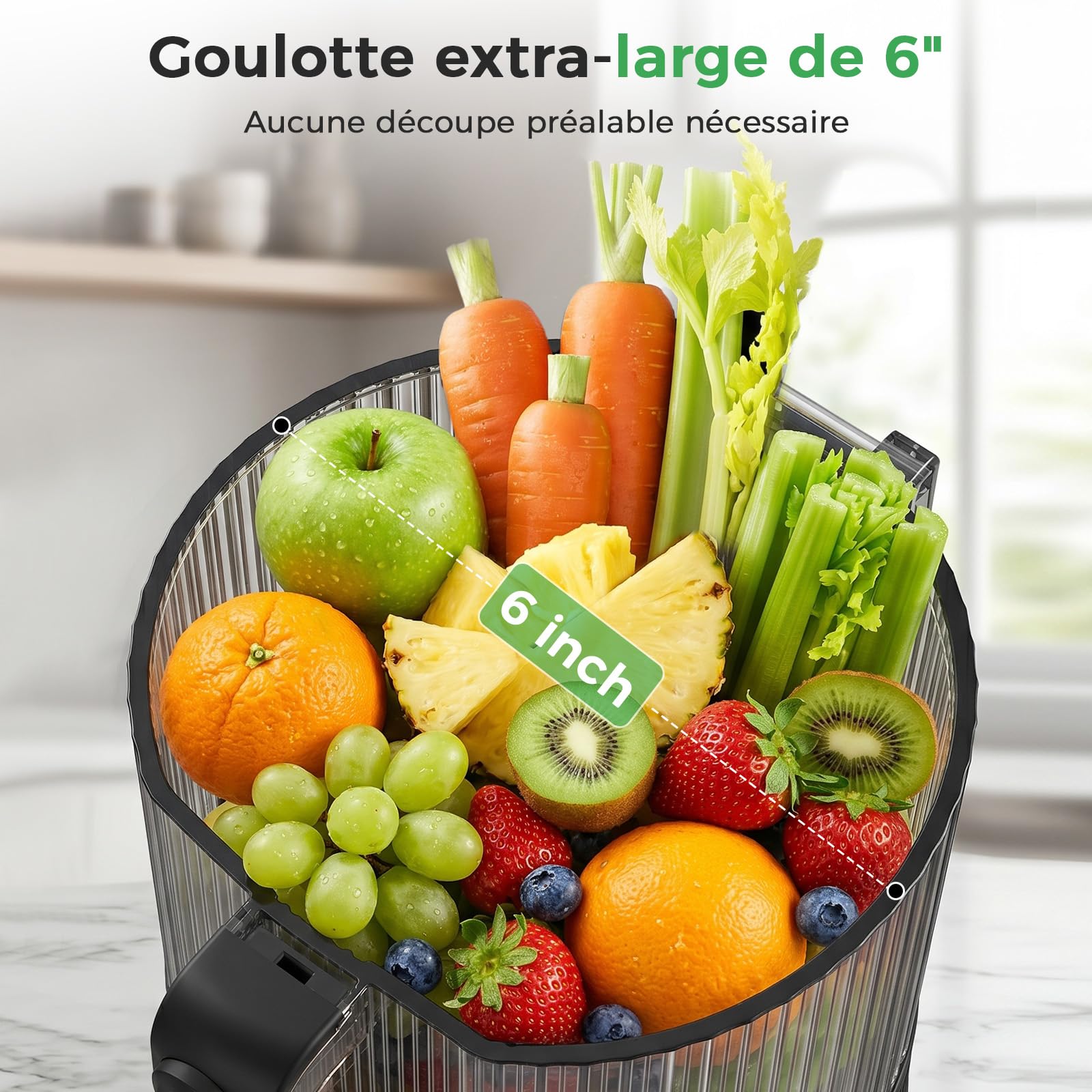 YASHE Extracteur de Jus à Froid 600W, Goulotte Extra-Large 152 mm pour Fruits et Légumes Entiers, Tamis 3-en-1 (Jus, Sorbet & Lait Végétal), Sans BPA, Lavable au Lave-Vaisselle, Capacité 1L