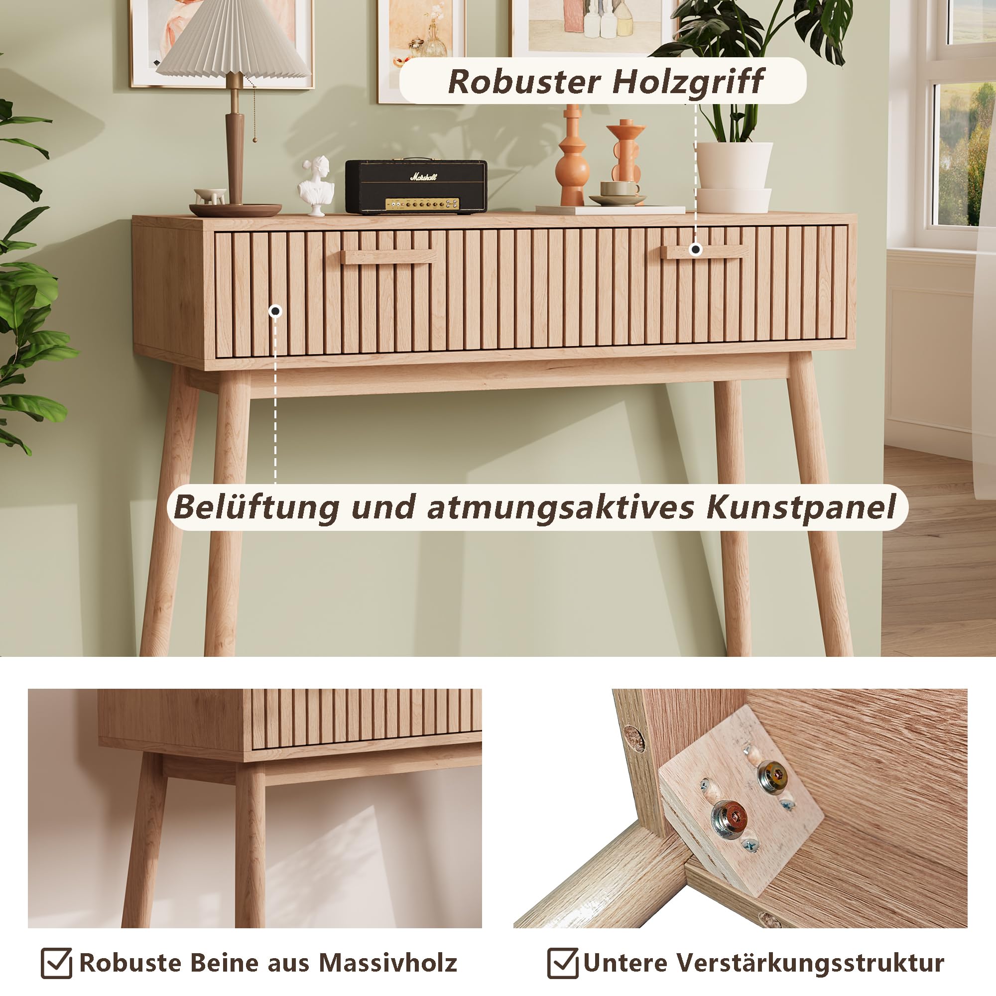 Tavolo Consolle Con 2 Cassetti, Tavolino Stretto per Ingresso, Mobile Accento in Legno per Corridoio, Soggiorno, Camera Da Letto, Naturale