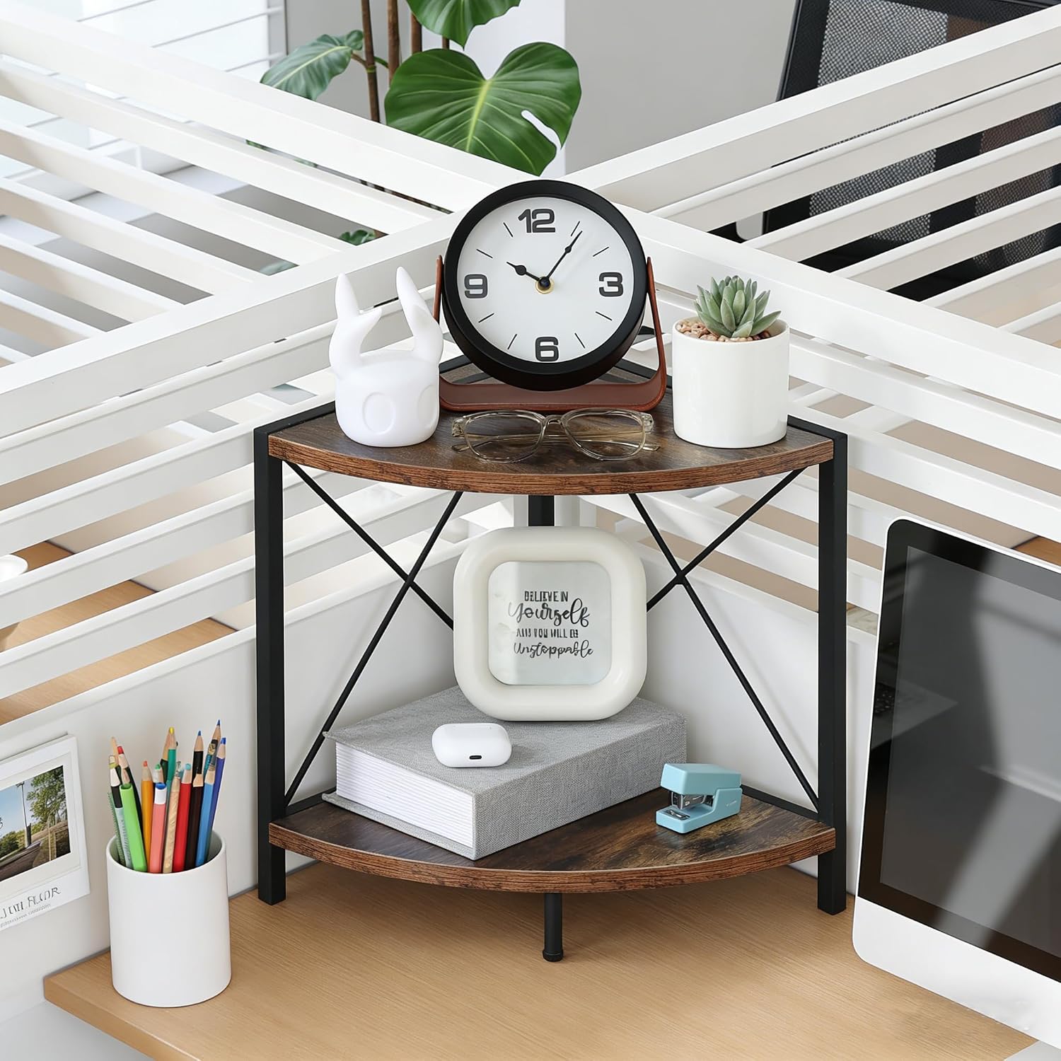 Corner Shelf Countertop Organizer, 2 Tier Industrial Corner Bookshelf, Bathroom Counter Organizer, Corner Shelf Stand for Living Room, Kitchen, Bedroom, Office, Rustic Brown