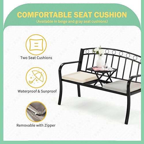 Miniatura 4 de AVAWING Banco de jardín de metal para exteriores, banco de porche de patio de 2 asientos con marco de acero, banco de parque con mesa central