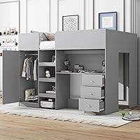 Vista 38 de Cama tipo loft de tamaño matrimonial con escritorio en forma de U, 1 armario y 2 cajones, 4 estantes de almacenamiento, marco de cama de madera