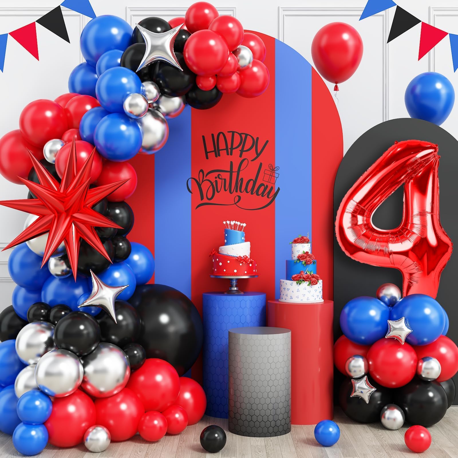 4th Birthday Balloons Decorations, Royal Blue Black Red Silver Balloons Arch Kit with 40 Inch Red Number 4 Balloon Tower, Star Foil Balloons for Boys
