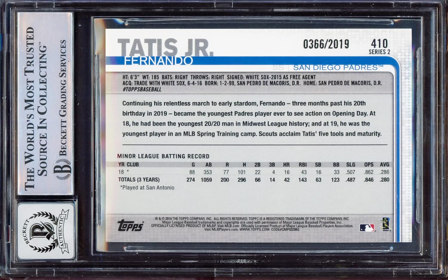 Fernando Tatis Jr. Autographed 2019 Authentic Gold Rookie Card #410 San Diego BGS 8.5 Auto Grade Gem Mint 10 Beckett BAS #15350625