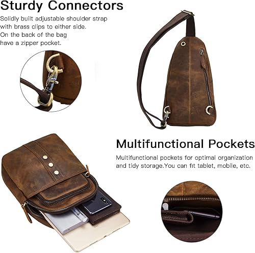 Miniatura 4 de Bolso bandolera vintage de cuero de grano completo para hombre, resistente al agua, bolsa cruzada de viaje (marrón)