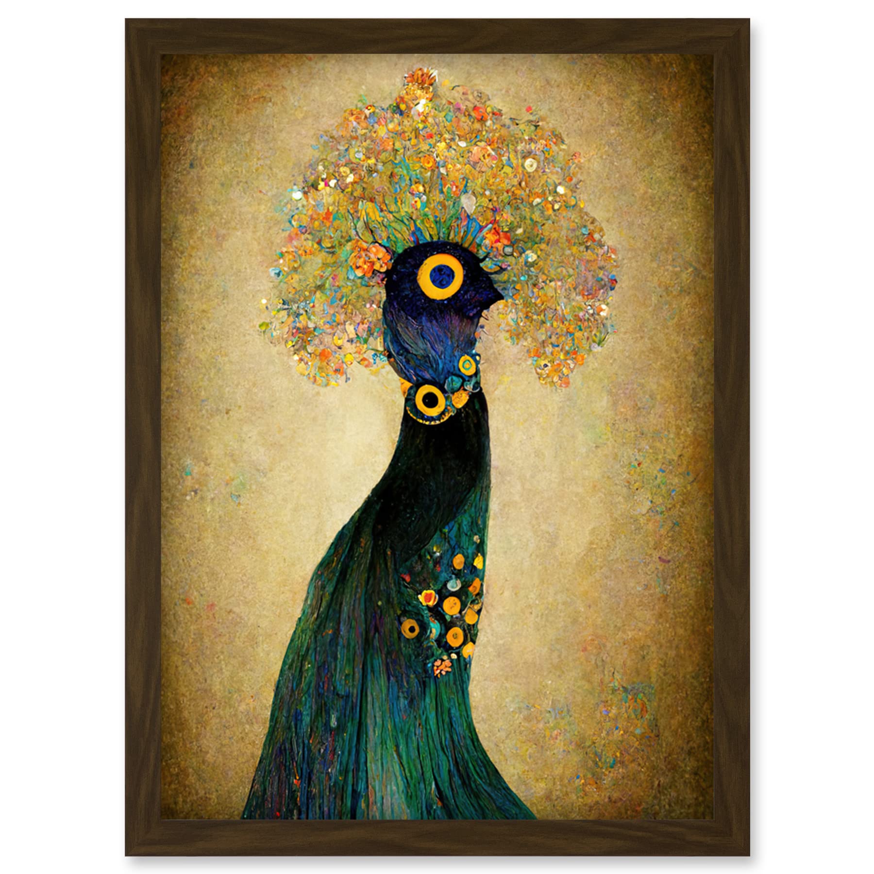 Doppelganger33 LTD Elegant Peacock Portrait In Emerald And Gold Gustav Klimt Artwork Framed Wall Art Print A4