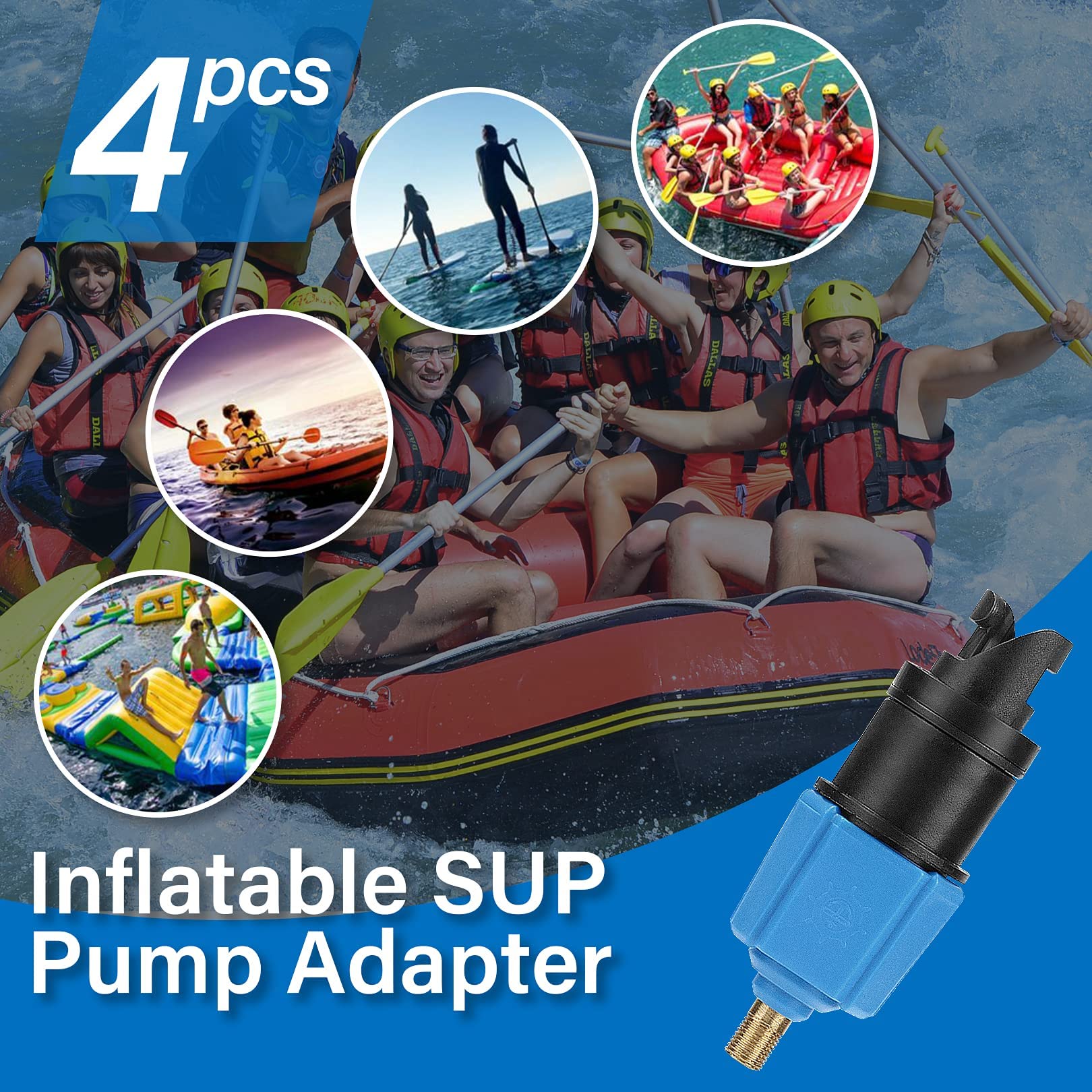 4 Nozzle Sup Pump Adaptor Kit - Air Pump Converter for Boat Air Valve Kayak, Paddle Board, Inflatable Bed, Boat, Dinghy, Yacht - BLUE - Image 2