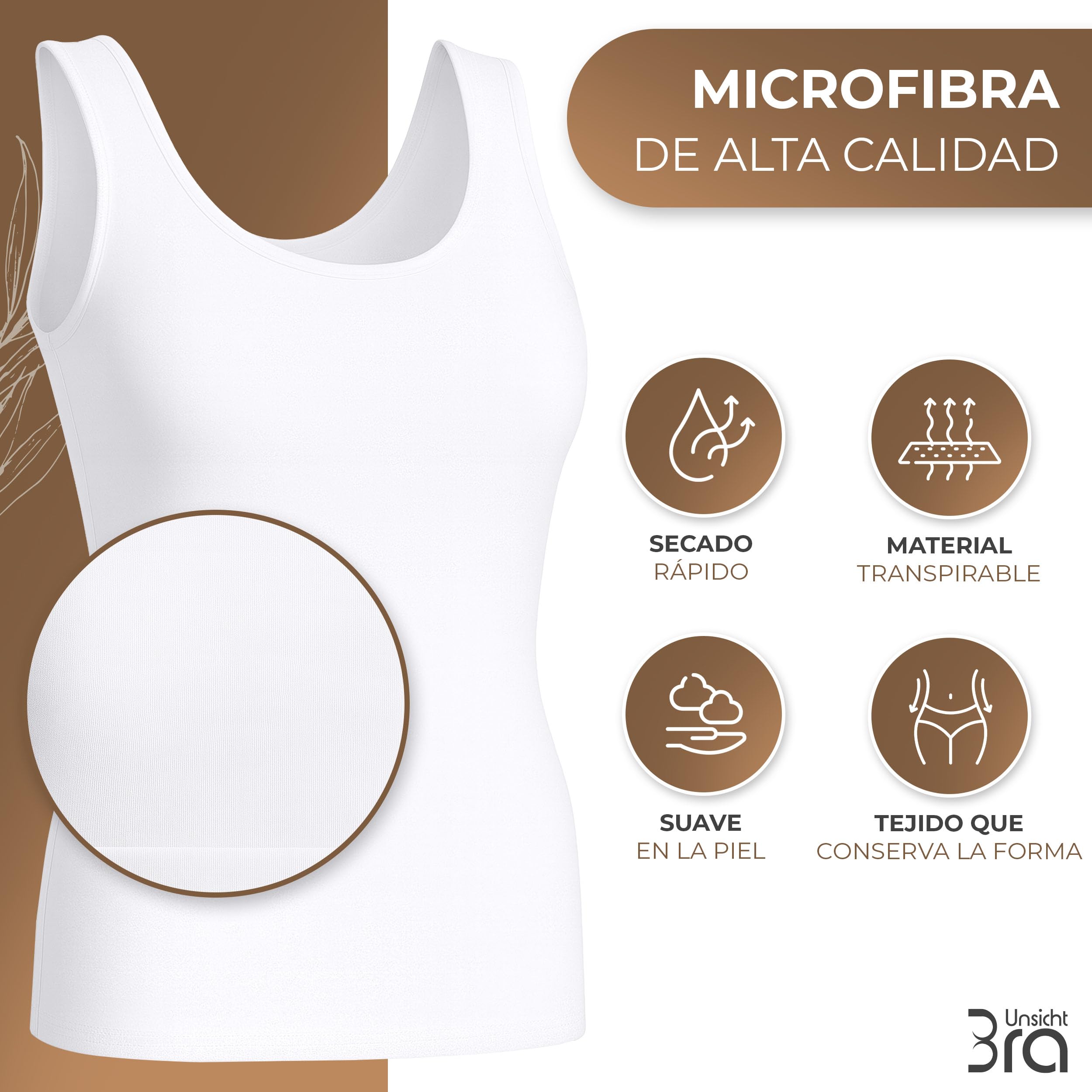 UnsichtBra Pack de 3 Camisetas Interior Mujer Tirantes Anchos | Top Ajustado y Moldeador Ligero | Camiseta Reductora Shapewear Cómoda – Negro, Blanco, Beige