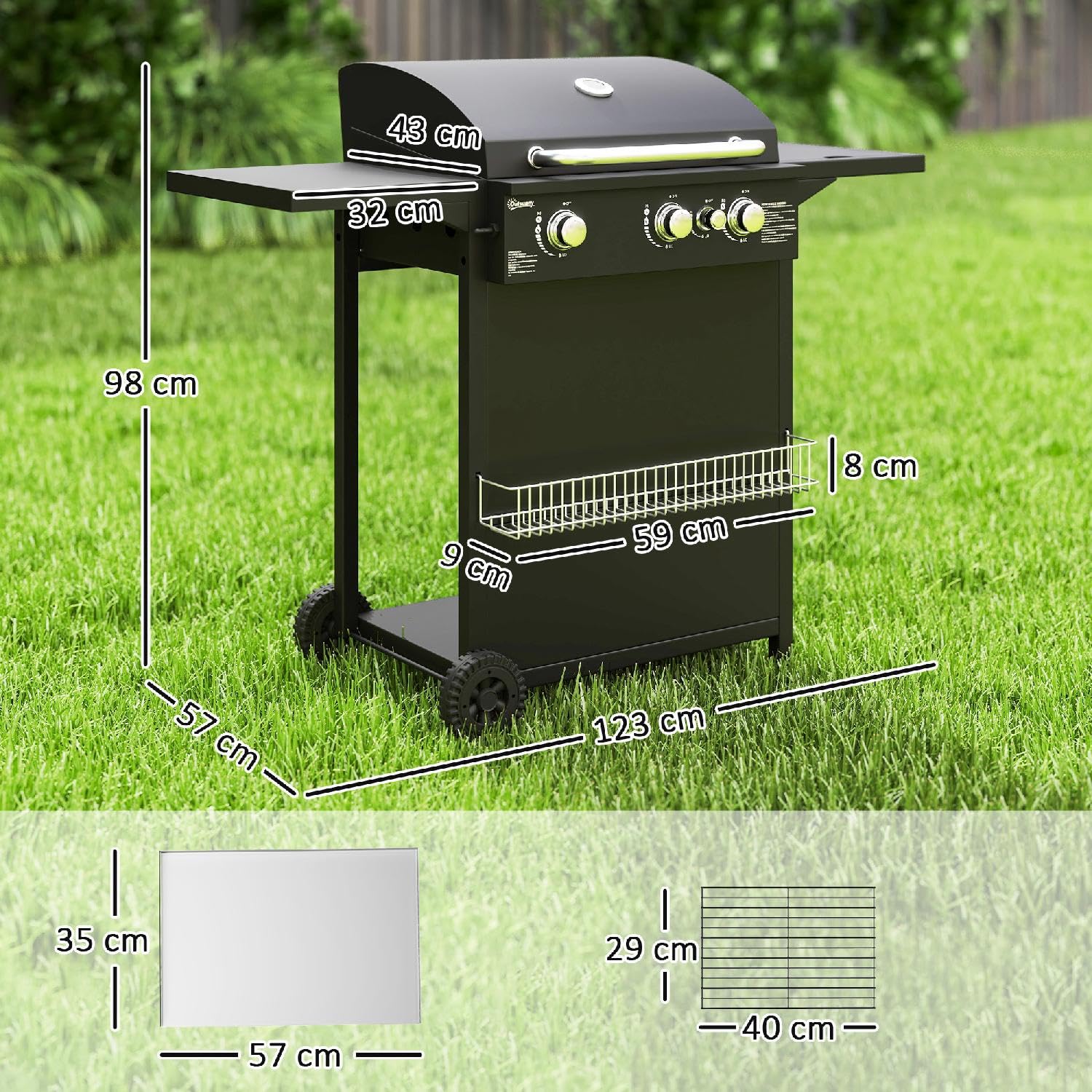 Barbecue a Gas con Bruciatori Indipendenti Coperchio con Termometro e Tavolino Laterale Nero