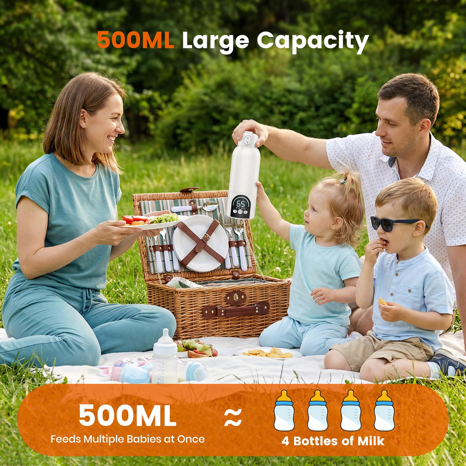 Chauffe Biberon Nomade, 12000mAh Batterie, Contrôle Précise 35-70°C, Acier Inoxydable, Veilleuse Intégrée & Fonction Stérilisation, 500ML Chauffe Biberon Portable pour Maison et Voyage (Blanc)