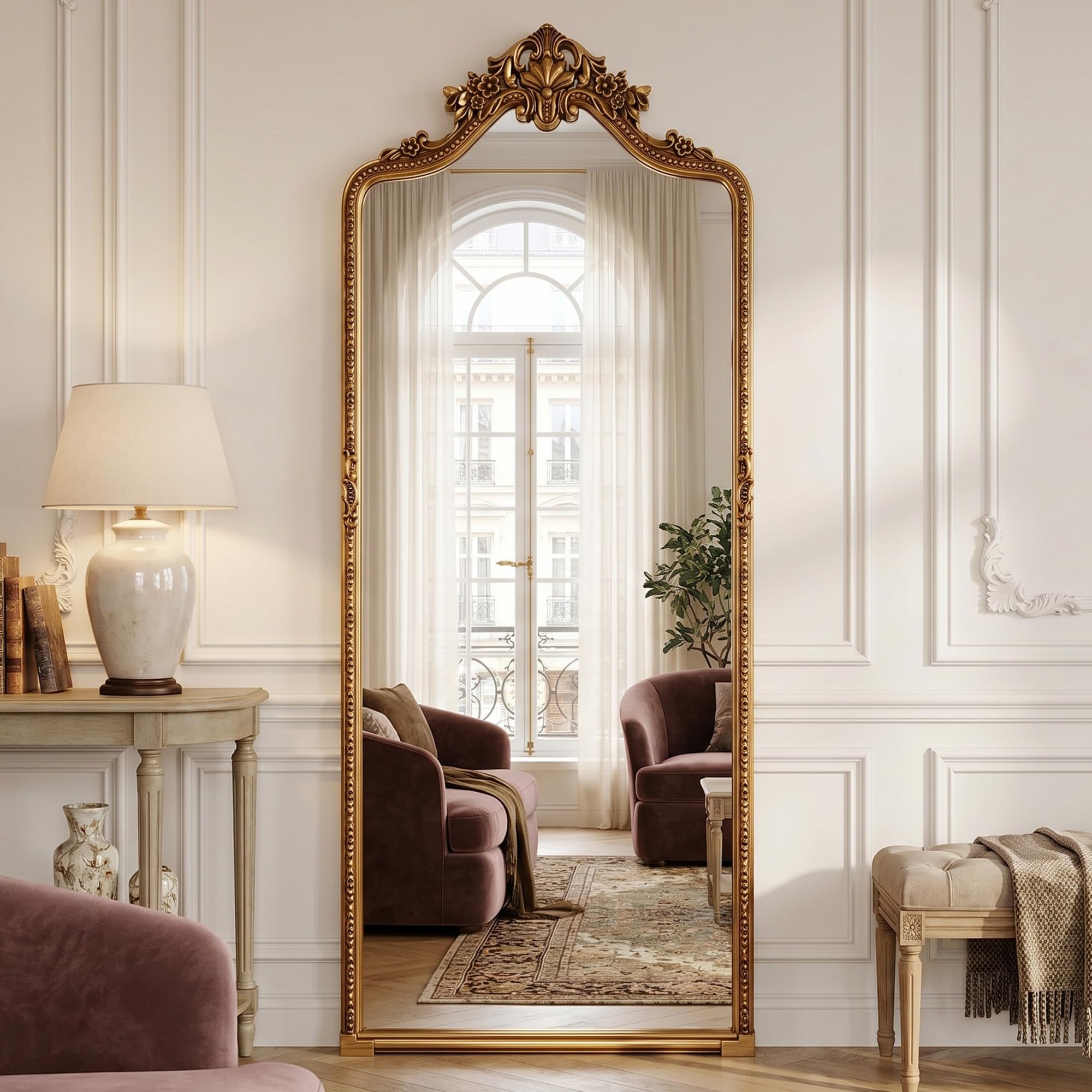 BEAUTYPEAK 175x70 cm Retro-Ganzkörperspiegel mit Geprägter Verzierung an der Oberseite, Groß Standspiegel Geeignet zur Dekoration von Wohnzimmern, Gold