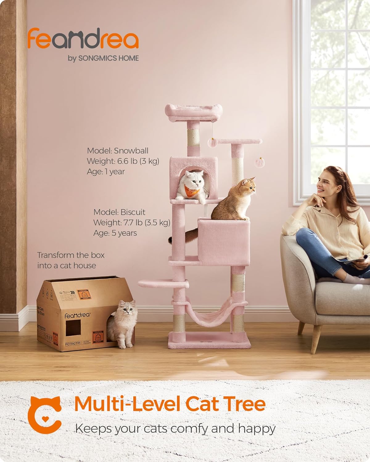Feandrea Cat Tree, 59.5-Inch Tall Cat Tower, Plush Multi-Level Condo with 5 Scratching Posts, 2 Perches, 2 Caves, Hammock, 2 Pompoms, Jelly Pink UPCT192P01