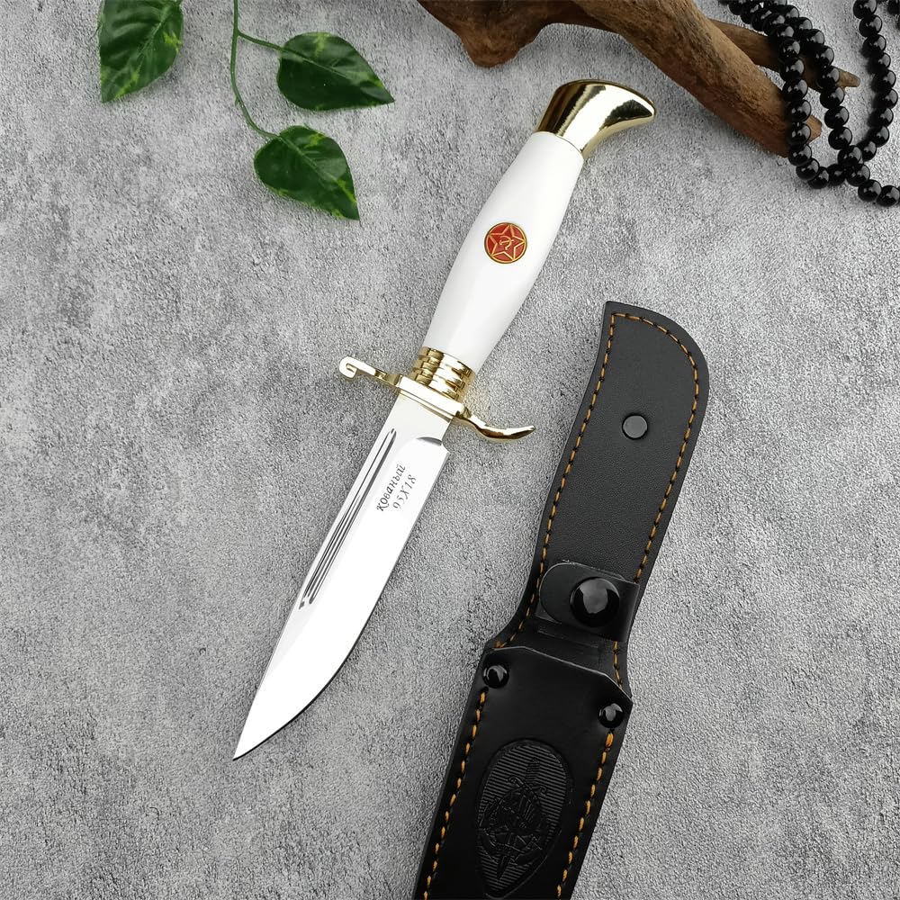 Goshawk Finka-NKVD KGB 10.39-inch Fixed Blade Knife, Stainless Steel and Acrylic Handle Hunting Knife with Leather Sheath for Camping, Survival, Hiking (White)