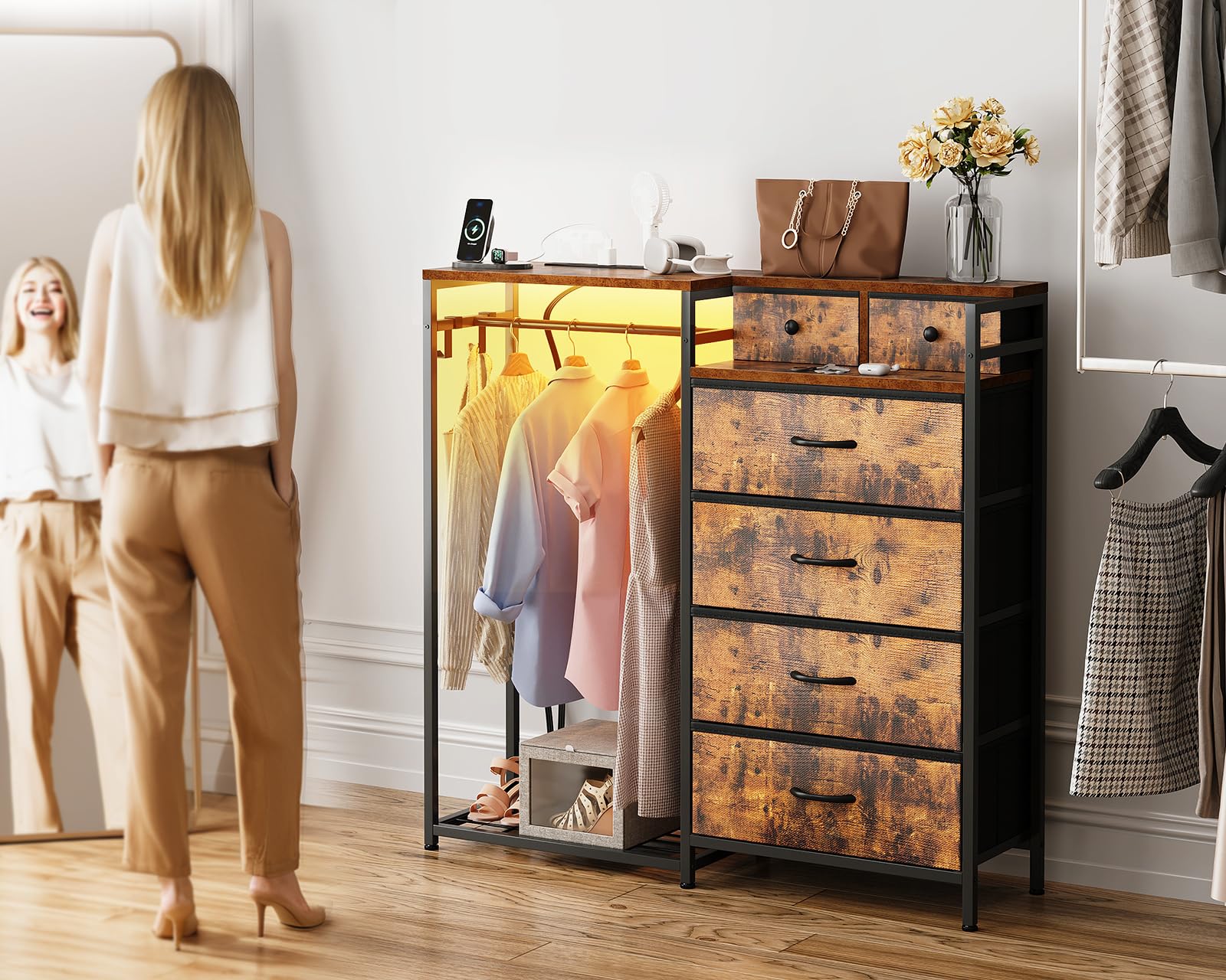 Coleshome Kommode mit Schubladen mit Kleiderstange, mit LED-Beleuchtung und Steckdose, Umkehrbares Design mit 6 Schubladen, Stoffkommode für Schlafzimmer und Wohnzimmer, 110 x 30 x 106 cm, Vintage