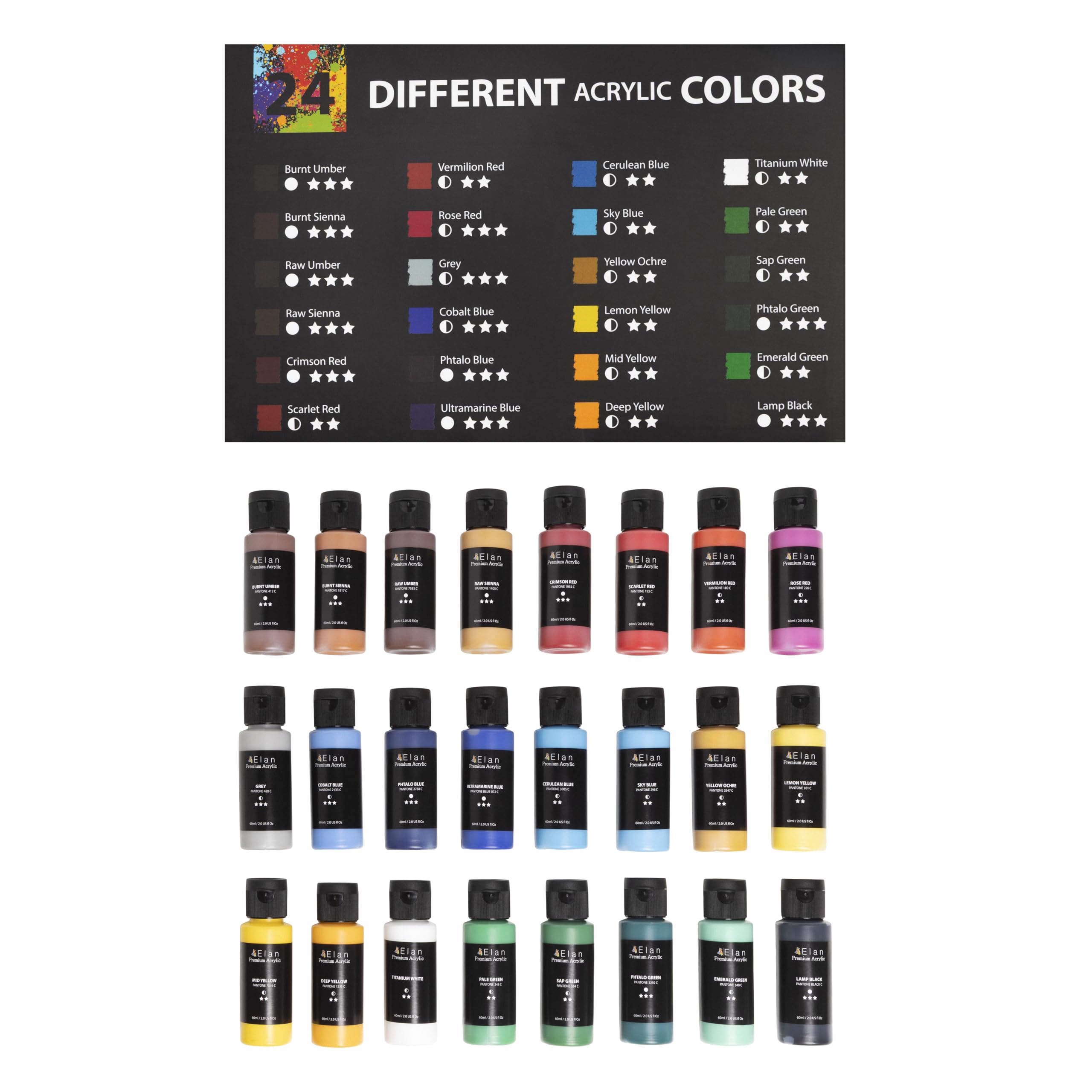 Elan Professional Acrylic Paint Set 60ml, 24 Rich Colours, Non-toxic Paint for Painting Canvas and Crafts, Acrylic Paints Set, Art Paints for Adults