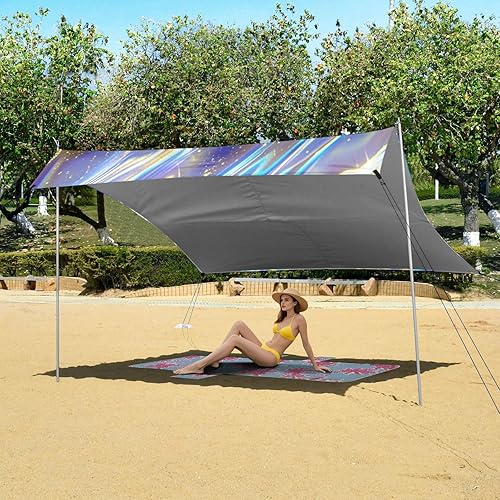 Miniatura 6 de Neon Colored Acid Fluid Designed UPF50+ Beach Tent Waterproof Sun Shelter Includes Sand Shovel, Sandbags, Stability Poles for Camping, Picnics,