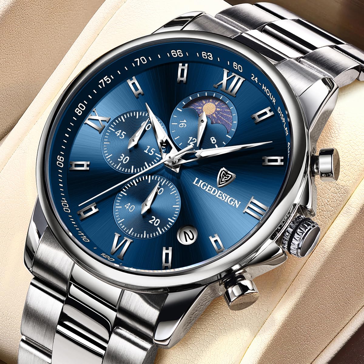 LIGE Montre Homme - Montre Quartz Élégante avec Cadran Bleu Chronographe