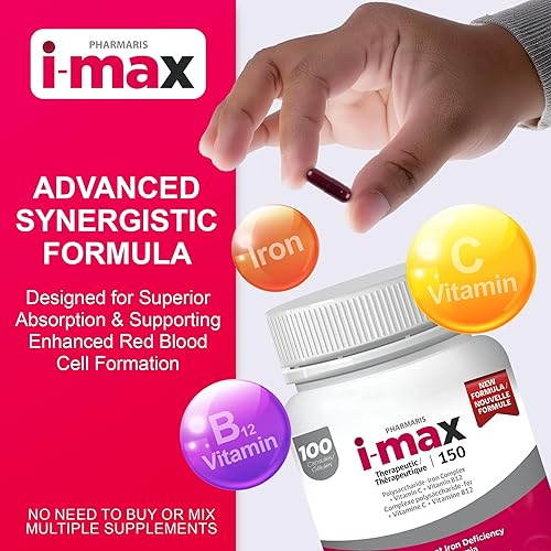 Miniatura 4 de i-max Suplemento de hierro de 150 mg, vitamina C 250 mg y B12 1000 mcg, tratamiento de suplemento de hierro para mujeres y hombres, una vez al día,