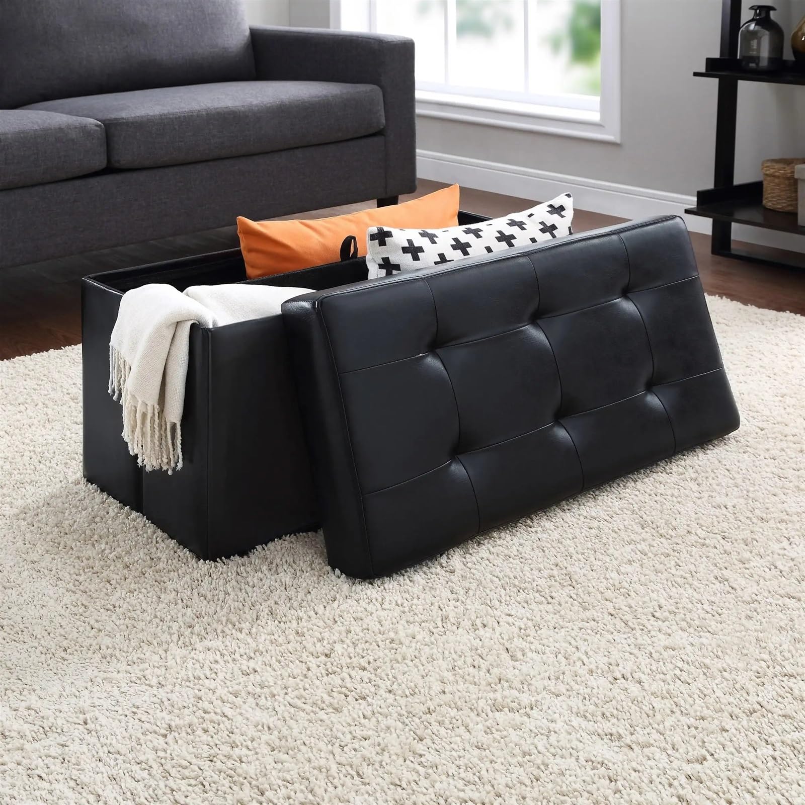 Taburete de Almacenamiento Plegable de 30 Pulgadas, Banco de Cuero sintético Negro Acolchado, Taburete otomano con reposapiés for Entrada al Dormitorio