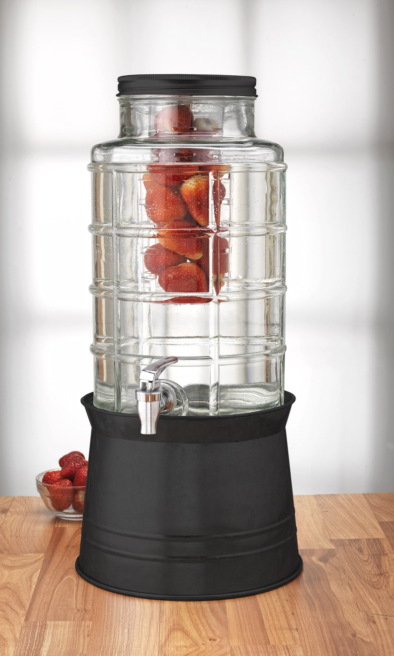 Circleware Getränkespender aus Glas mit großem Fenster und Metallständer, verwandelt sich in Eiskübel, Deckel, Obst-Ei und Eiseinsatz, Unterhaltung, Küche, Trinkgläser, riesig, 2,4 Liter, Schwarz