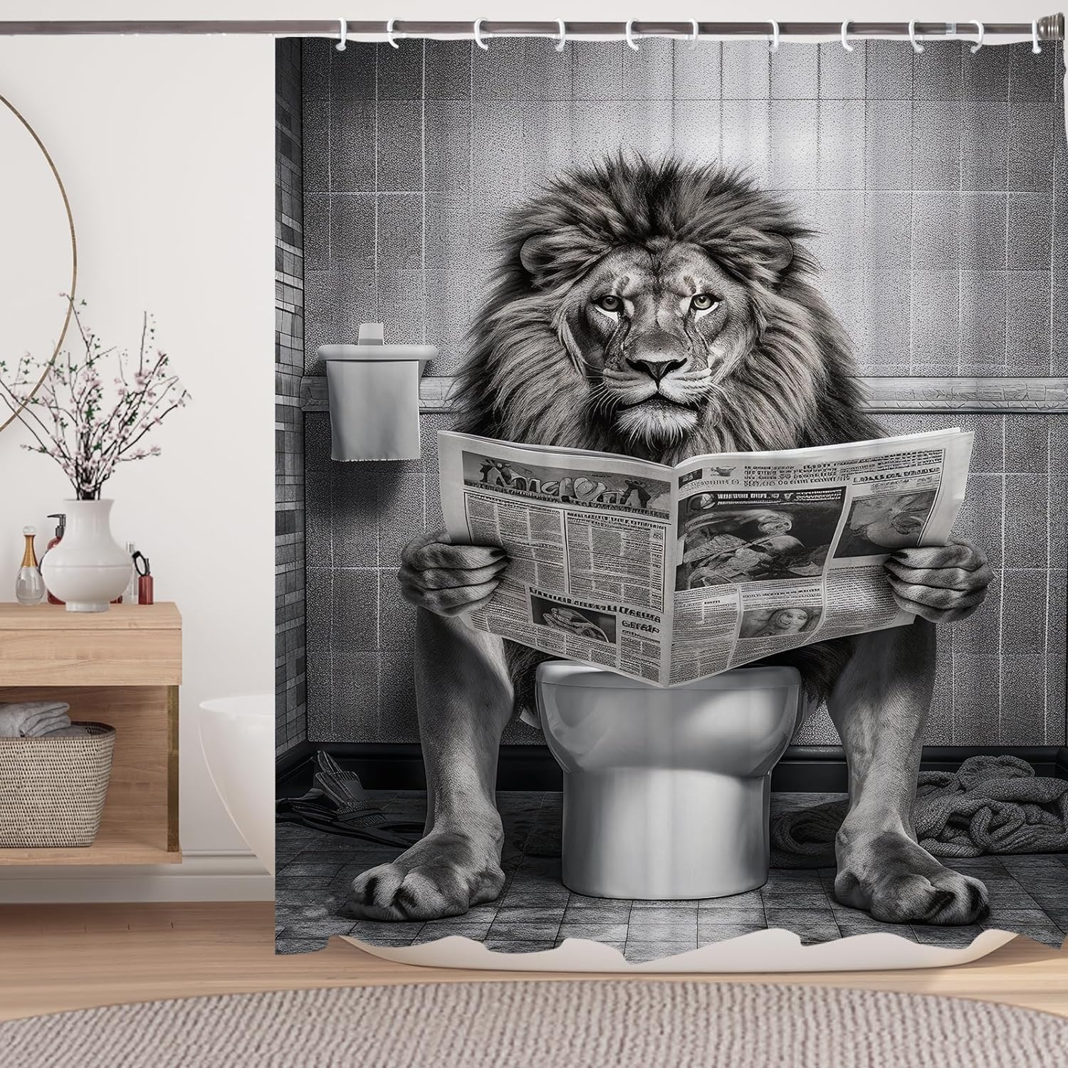 LKFBSC Funny Lion Shower Curtain, Funcy Humor Leo Animal on Toilet Shower Curtains Set, Black and White Shower Curtains, Large Cat Bathroom Curtain