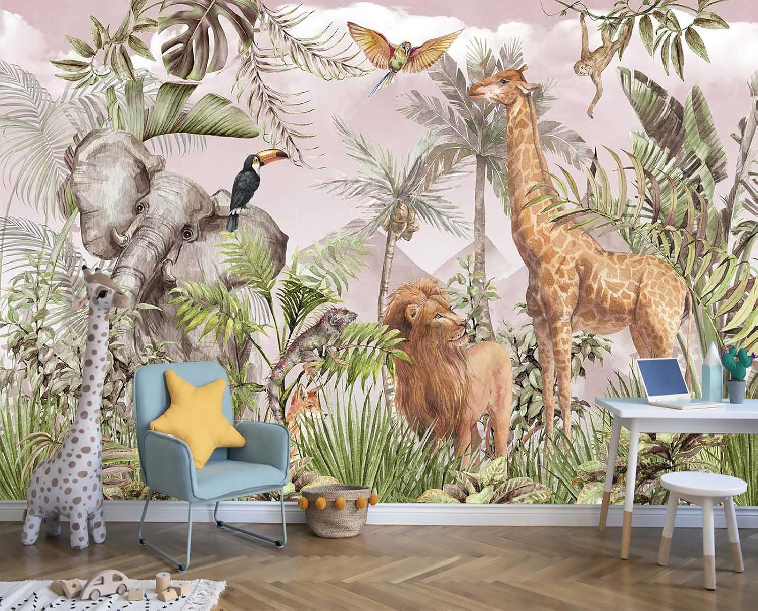 Watercolor Paintings Tropical Jungle Animals Safari Elephants Giraffes Lions Parrots Palm Leaves Hand-Painted Art Wallpaper Suitable for Children's Room Decoration Mural?Not Peel and Stick? 64 108" x 75"