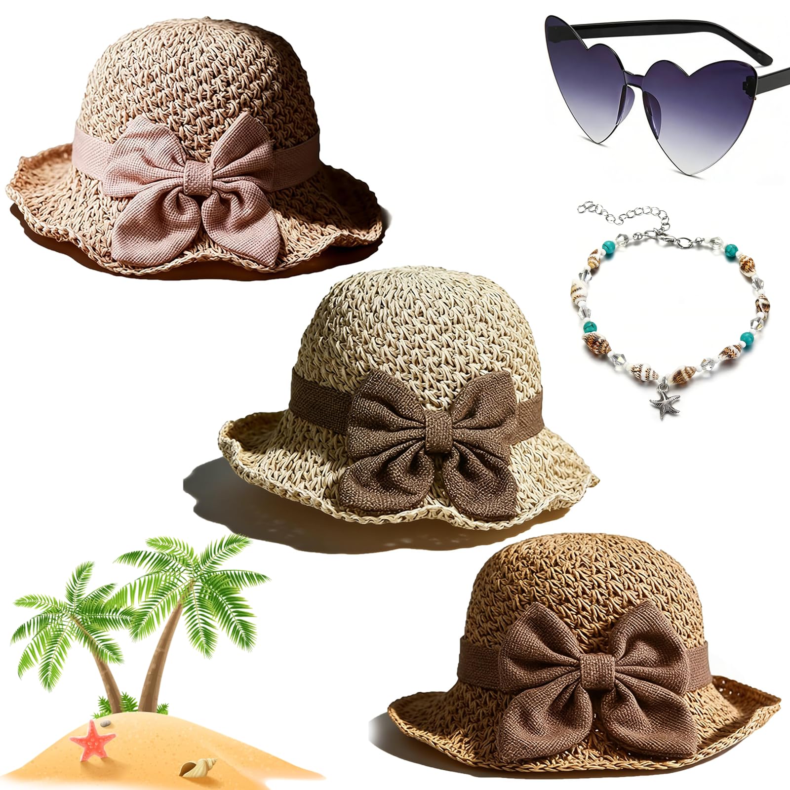 Gienslru Versatile Retro Woven Handmade Straw Hat with Ruffled Bow, Flower Shape Cloche Hat, Uv Protection Ruffle Wide Brim Straw Bucket Hats, Foldable Breathable Travel Beach (Mix)