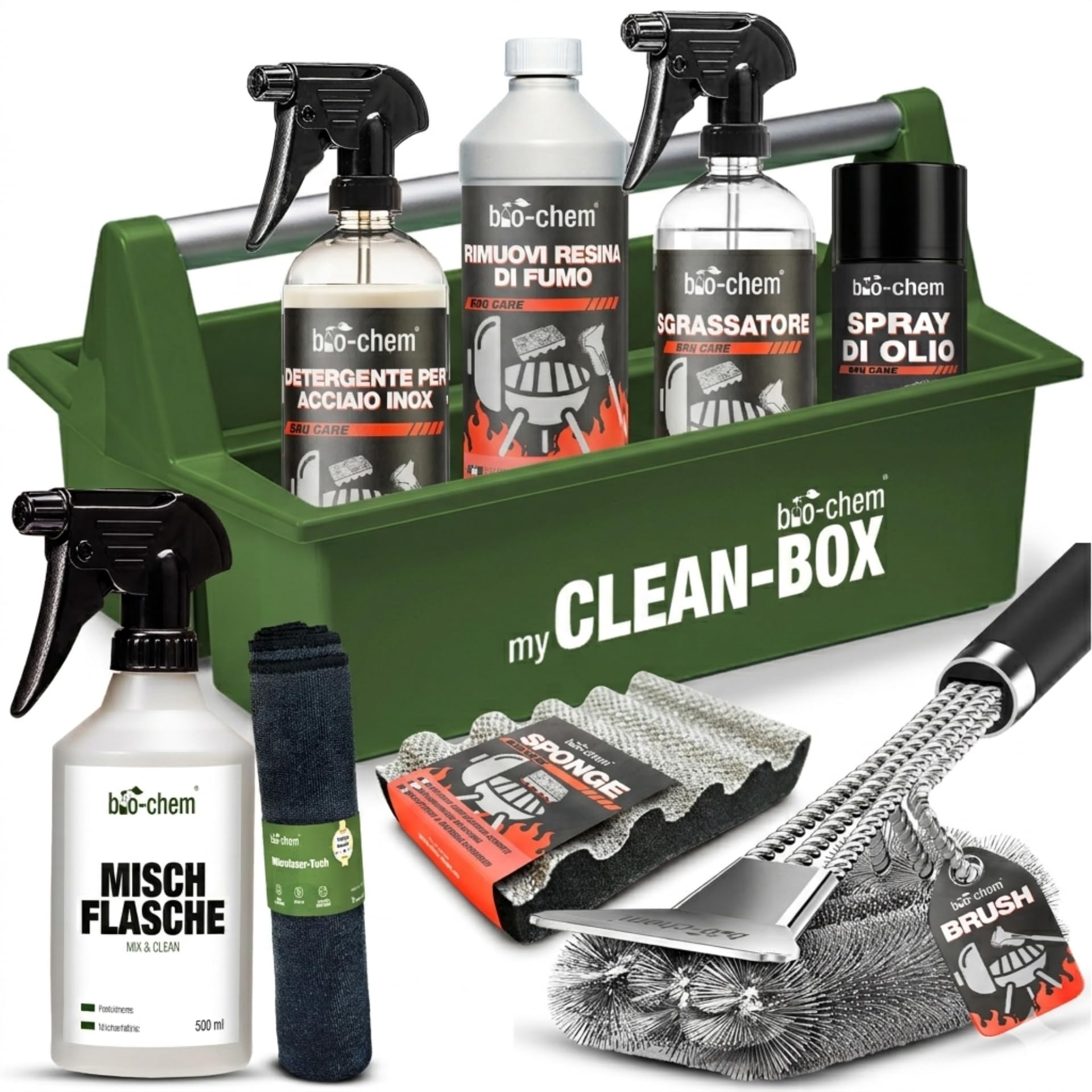 Bio-Chem - Set Pulizia per barbecue 9pz - Decapante resina 0,5L - Detergente per superfici bbq 750ml - Spray inox 750ml - Spray di olio 200ml - Kit completo con accessori griglie brillanti e protette