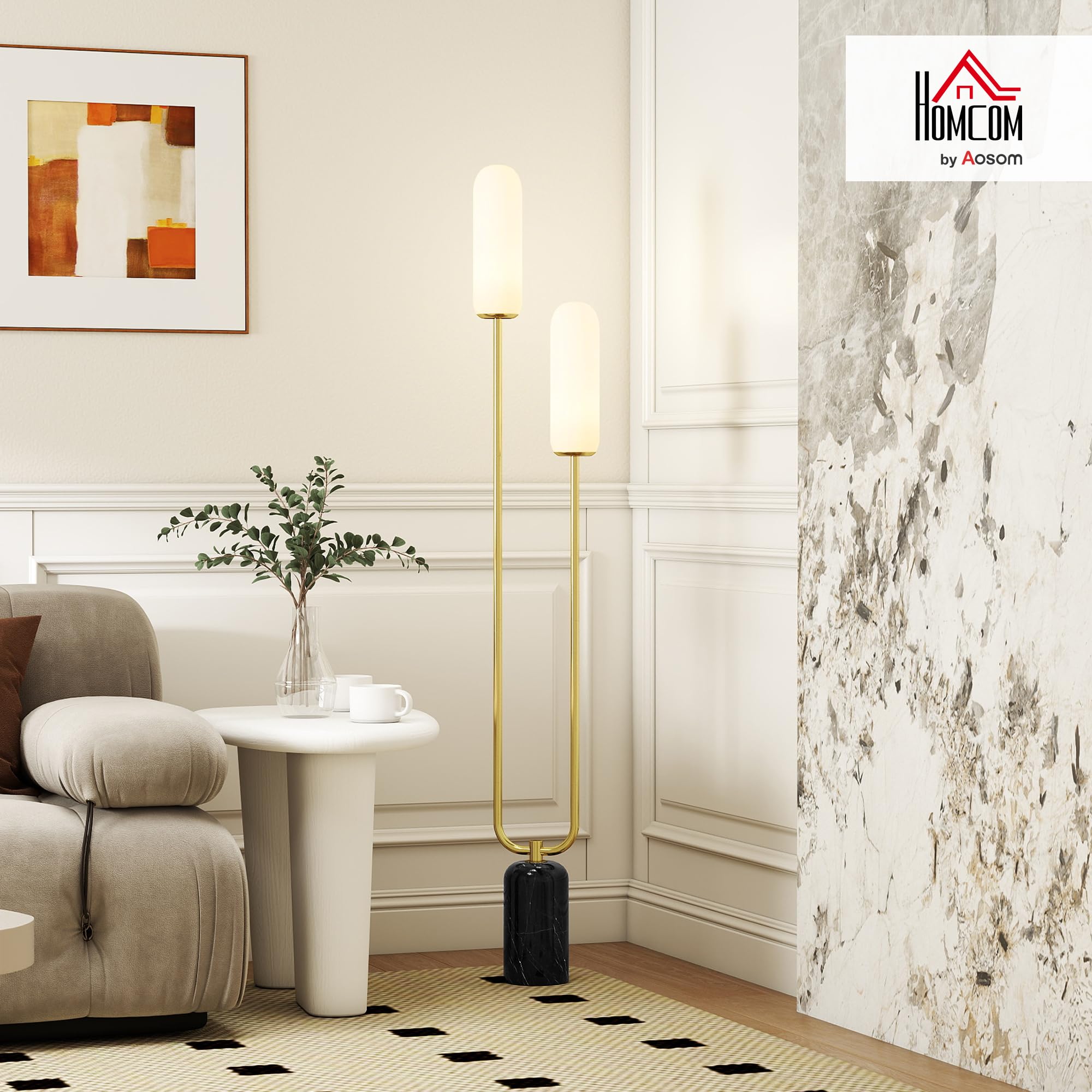 HOMCOM Lámpara de pie moderna salón base mármol 150H cm Blanco | 2 pantallas de vidrio, interruptor, para salón y dormitorio.