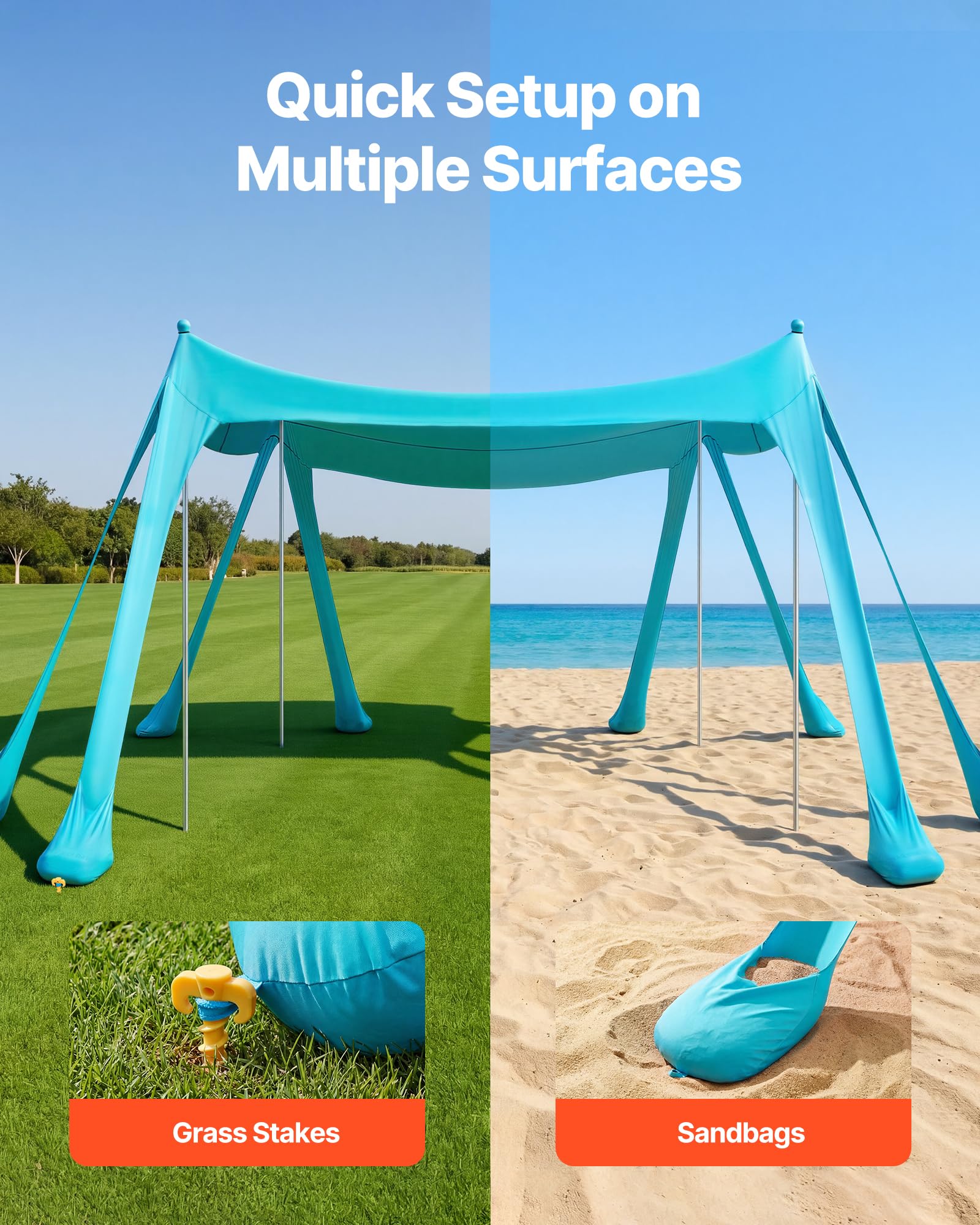 VEVOR Tenda da Sole Portatile da Spiaggia Parasole Portatile da Spiaggia Protezione Solare UPF 50+ Capienza ca. 4-7 Persone, Parasole con Pali di Supporto Sacchi di Sabbia per Viaggio Campeggio, Verde