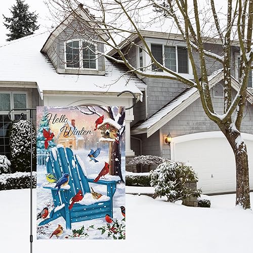 Miniatura 2 de Bandera de jardín con texto en inglés Hello Winter Garden Flag de 12 x 18 pulgadas, arpillera de doble cara de arpillera de Navidad para invierno,