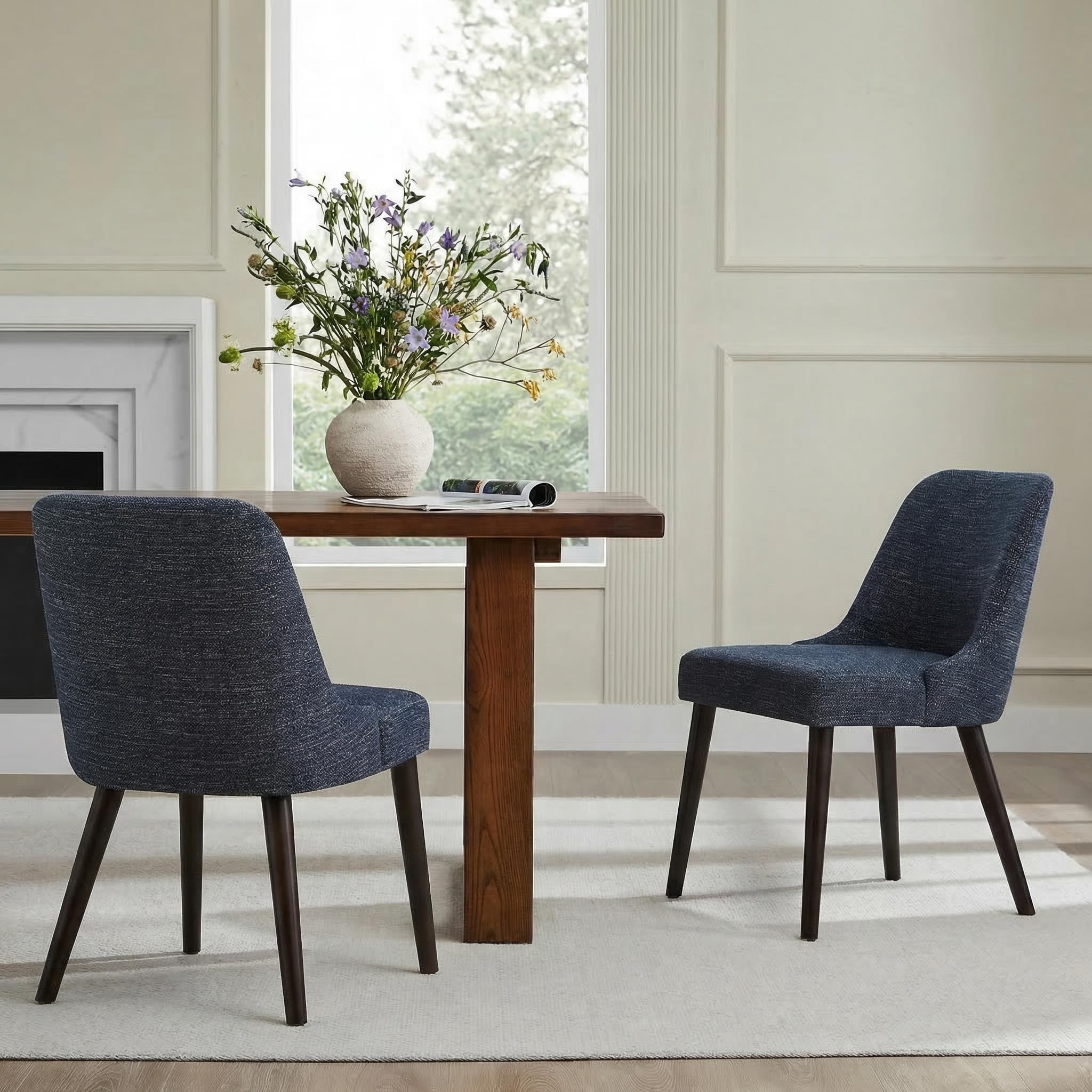 chita mid-century modern dining chair, upholstered fabric accent chair, set of 2,dark blue in fabric