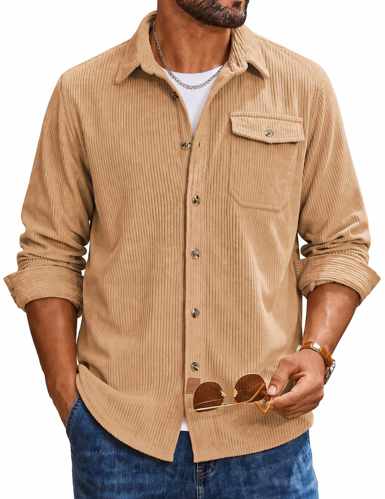 Mens Corduroy Shirt Long Sleeve Button Down Casual Shirts Jacket