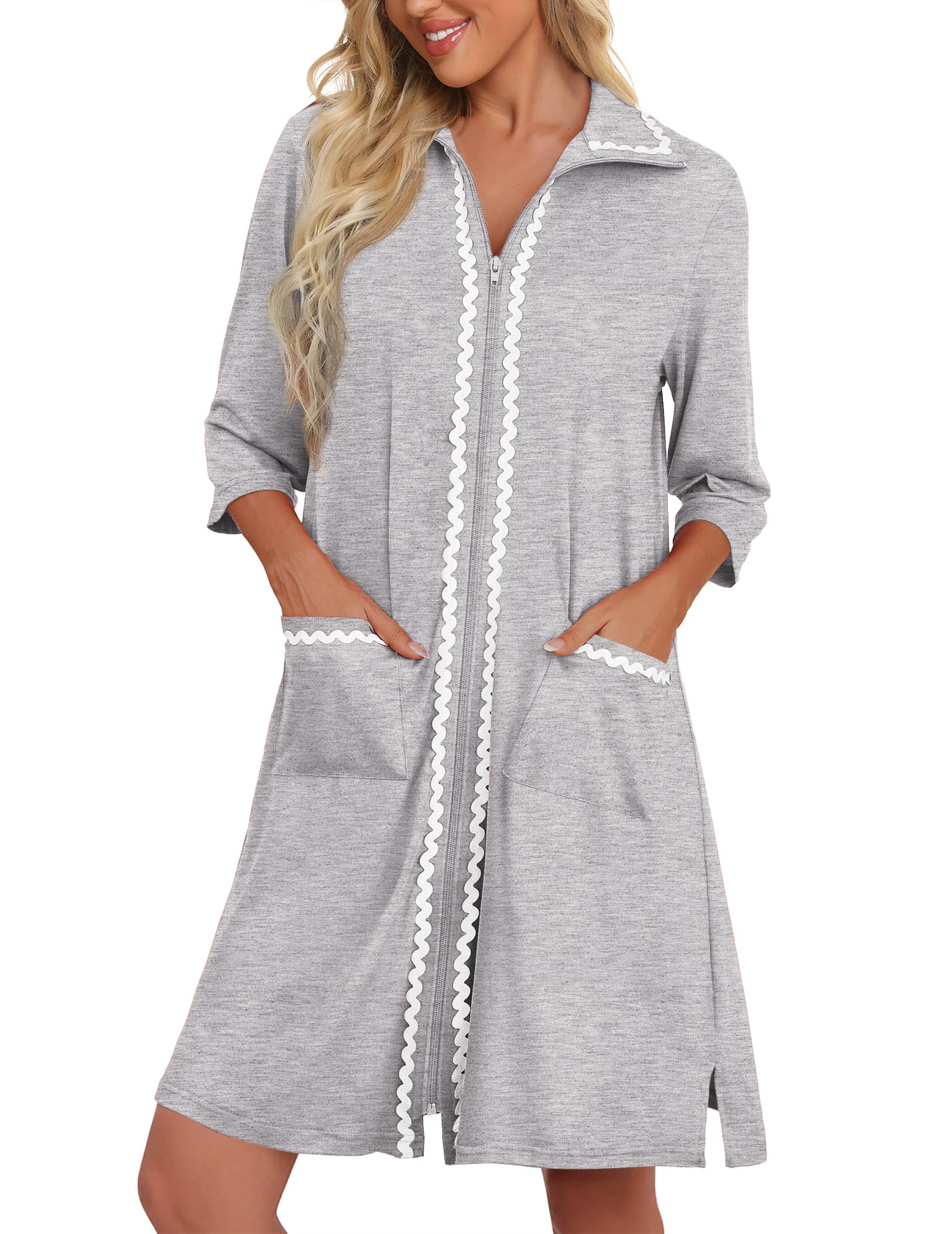 Ekouaer Women Zipper Robe Lightweight House Coat Zipper Front Short Bathrobes Soft Nightgown with Pockets S-3XL