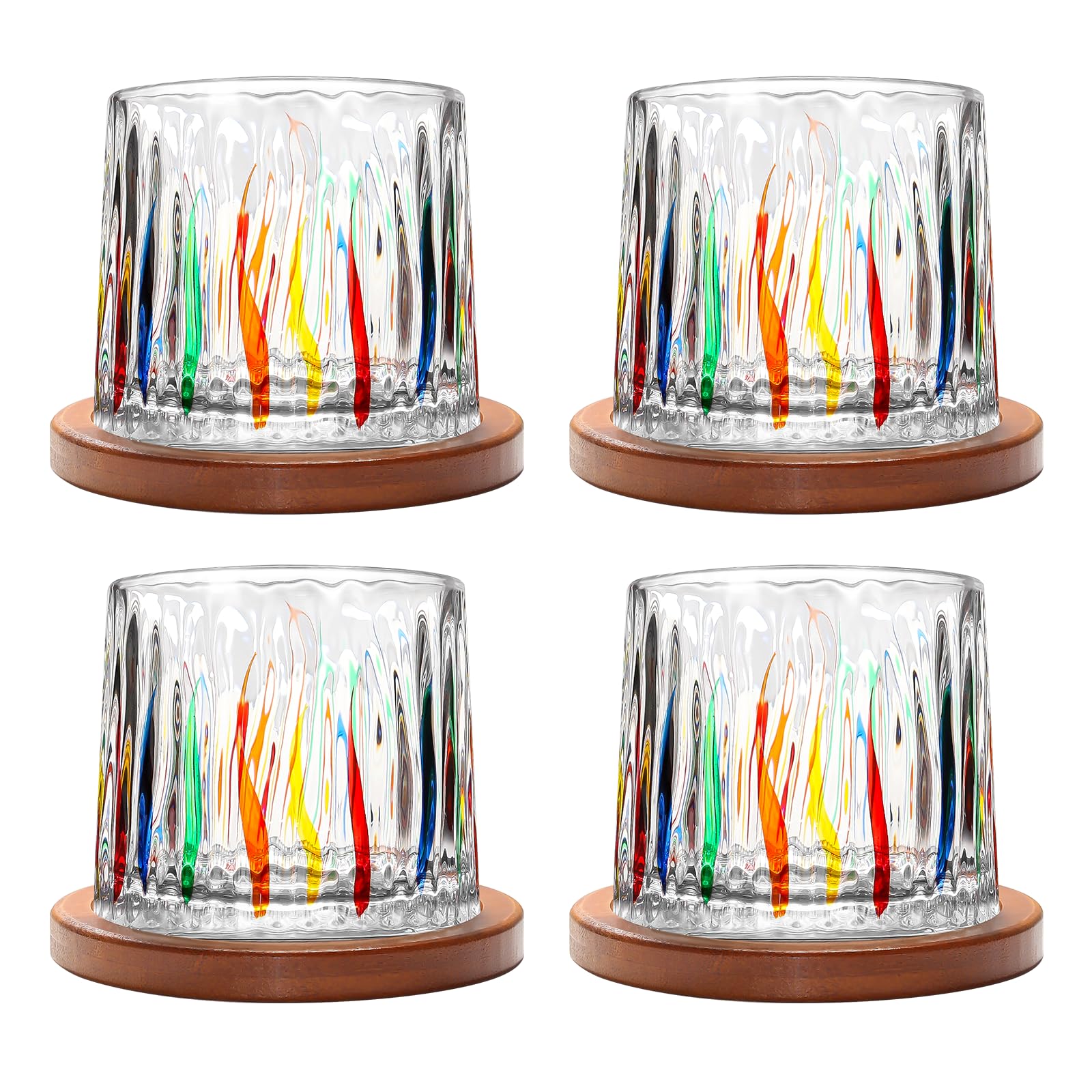 Rotatable Old Fashioned Glass, 275ml/10oz Crystal Whiskey Glass Set of 4, Wood Coaster, Thickened, Used as Rum, Cocktail, Coffee, Milk Cup to Relax and Reduce Stress