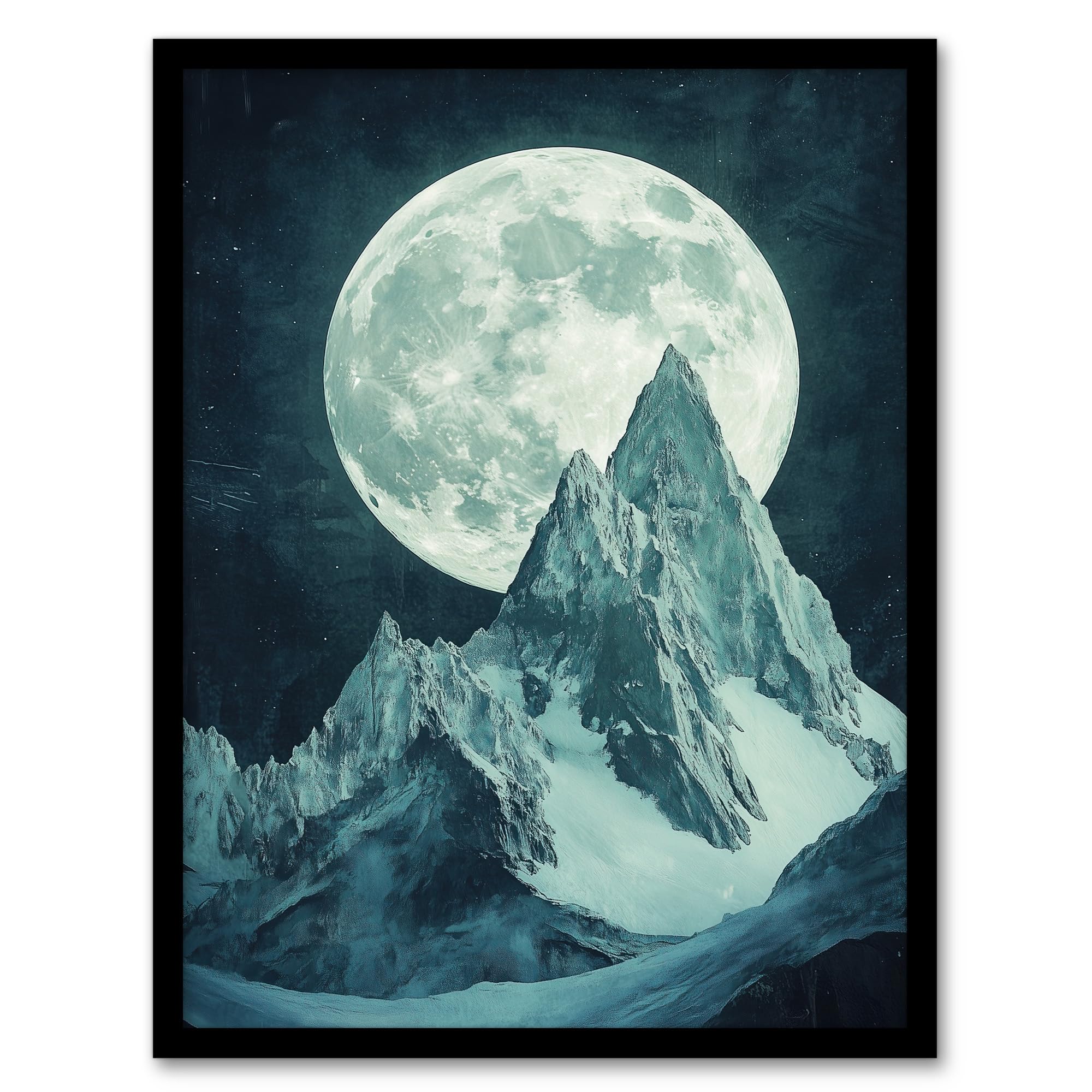 Alpine Mountain Range Peak Full Moon Fantasy Art Wall Art Poster Print