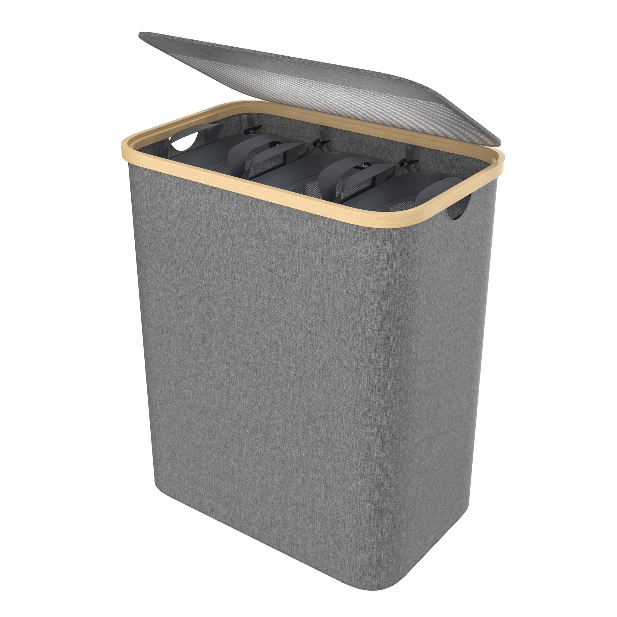 FIVMEN Cesto portabiancheria a 3 scomparti, con coperchio e 3 sacchetti lavabili, in tessuto Oxford, per lavanderia, bagno, 140 l, grigio