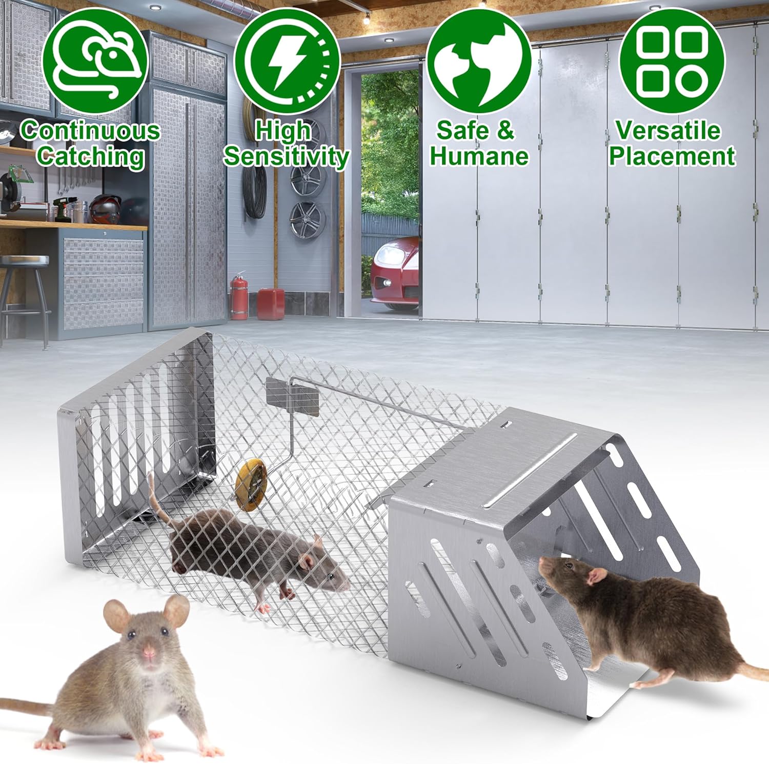 Humane Rat Trap, Automatic Continuous Cycle Live Animal Cage Trap for Mouse/Rat/Squirrel Trap for Indoor & Outdoor, Easy to Catch and Release, 14.6"x5.7"x4.3"