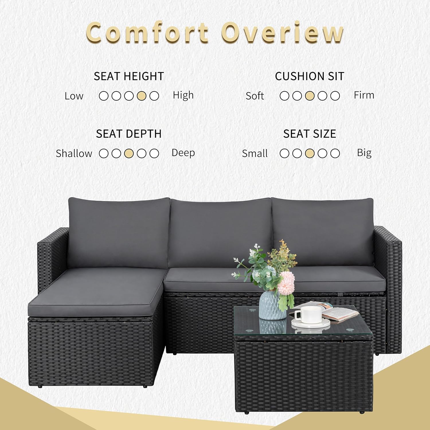 JAMFLY 3-Piece All-Season Wicker Patio Sectional Sofa Set with Coffee Table, Modular Indoor Outdoor Furniture for Poolside, Sunroom, Garden & Backyard, Grey