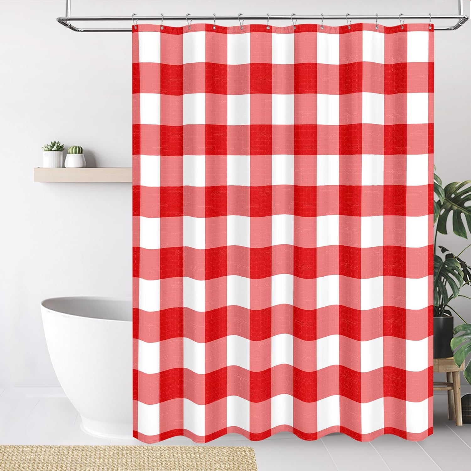 Tititex Classic Gingham Plaid 140gsm Faux Linen Fabric Shower Curtain, Red Buffalo Grid Shower Curtain Sets Decoration 72x72 Inch with Hooks