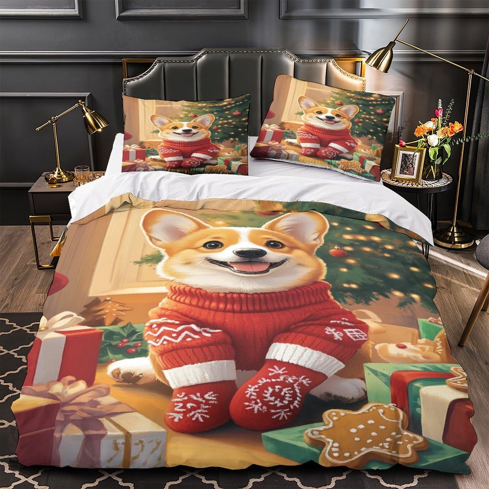 Chien de Noël housse de couette festive 3 pièces, le cadeau idéal en microfibre pour ado et adulte
