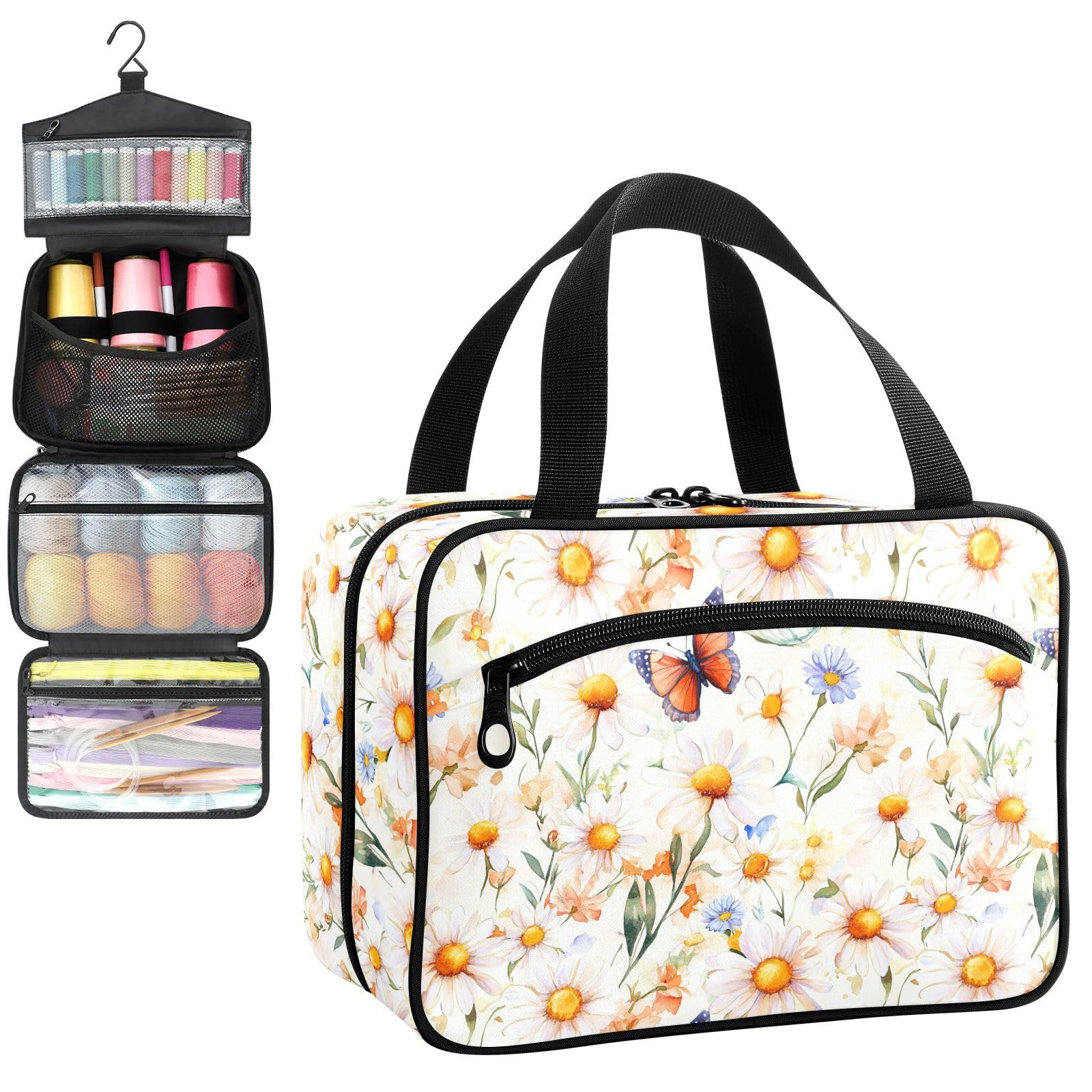 YNNALE Sewing Supply Organizer Bag, Watercolor Daisy Flower Butterfly Portable Sewing Bags with Pockets&Hanger, Sewing Storage Box Case for Sew Supplies/Kit/Tools/Accessories (BAG ONLY)