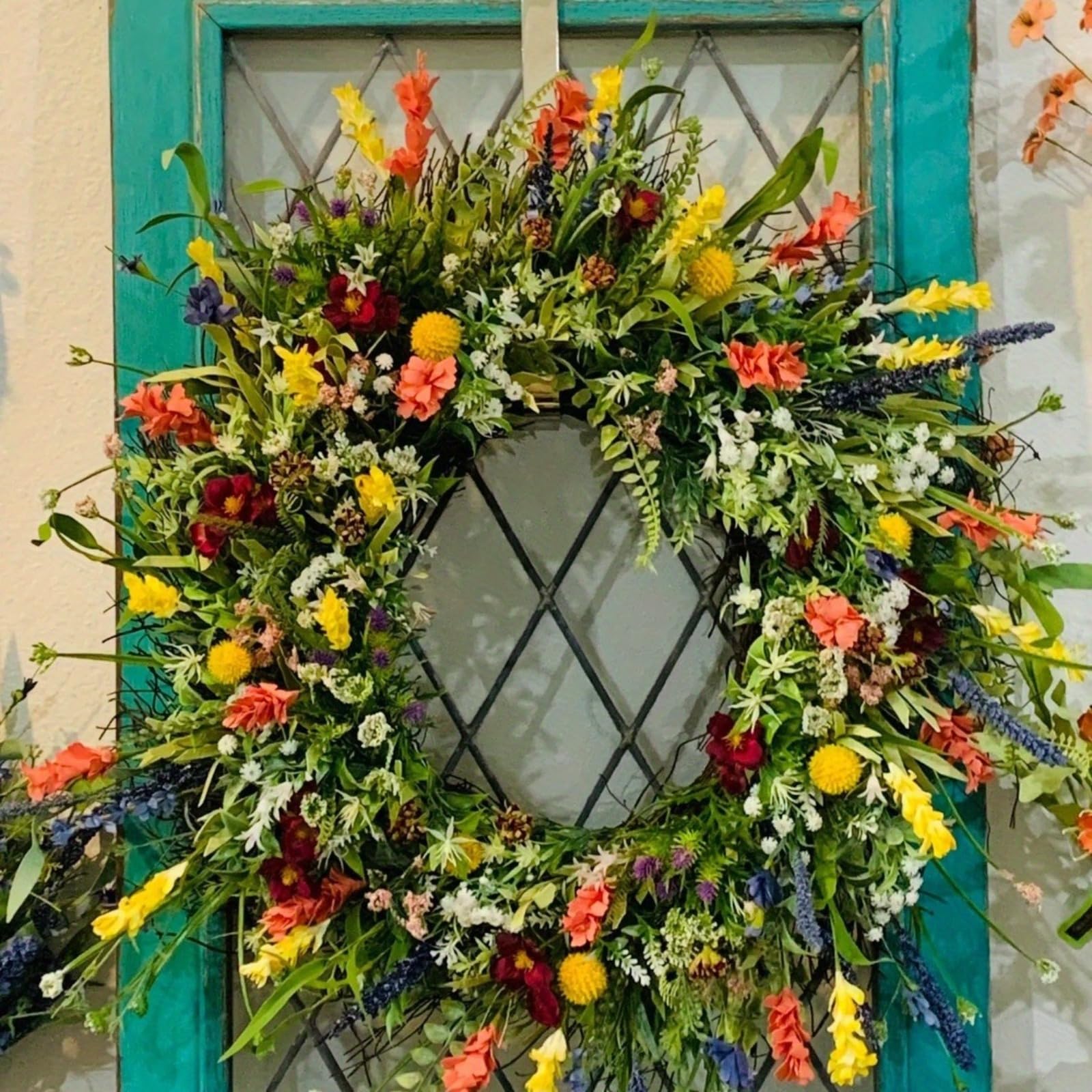 Ganzjährig Türkranz für Außen, Frühling Sommer Wildblume Kranz, Dekorative Mehrzweck-Girlande Frühlingkranz，Bunt Türkranz Frühling für Frühling Innen Außen Cafe Garten Deko