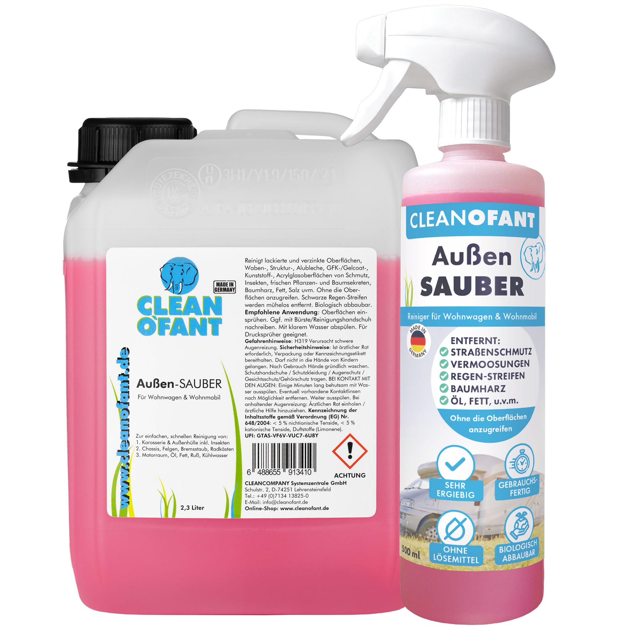 CLEANOFANT Außen-SAUBER | 500 ml + 2,3 Liter | Profi Wohnwagen- & Wohnmobilreiniger - Entfernt mühelos Schwarze Regenstreifen, Insekten & Baumharz - Biologisch abbaubar & Materialschonend