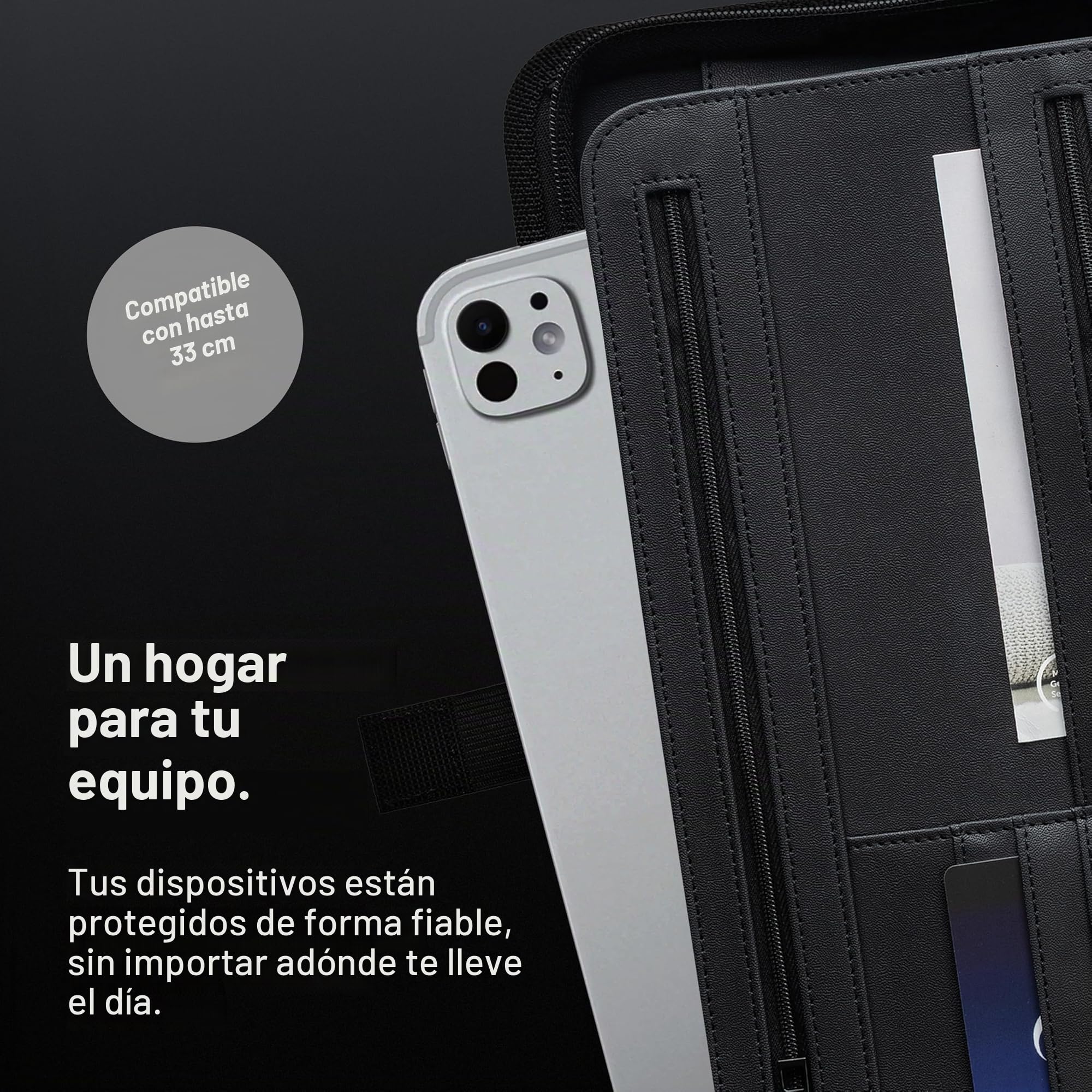 Vebon® Carpeta A4 grande New York I Piel Vegana con cremallera + portapapeles I Carpeta Conferencia + Bolsa para portátil I Espacio extra I Azul