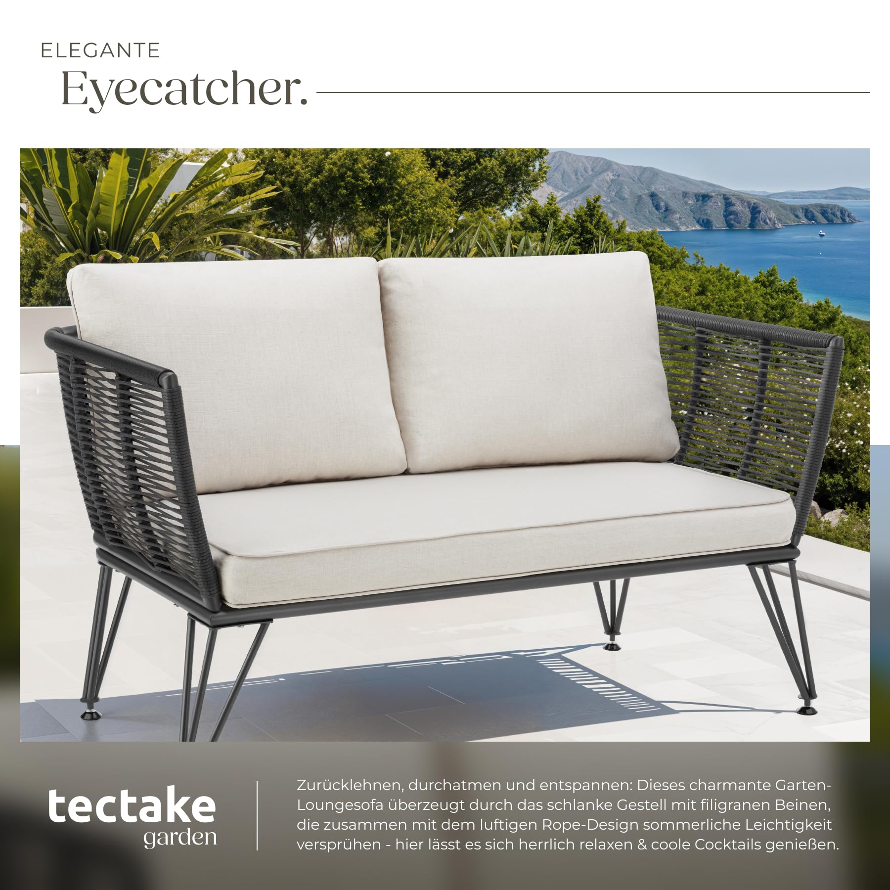 tectake® Rattan Lounge Sofa, Lounge Möbel Outdoor, Balkon Möbel, Outdoor Möbel, Rattan Gartenmöbel, Gartensofa mit Outdoor Kissen wetterfest, Balkonmöbel Kleiner Balkon, Wintergarten