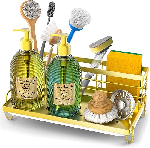 Cisily Organizador dorado para fregadero de cocina, soporte de esponja para fregadero de cocina, acero inoxidable 304, dispensador de jabonera