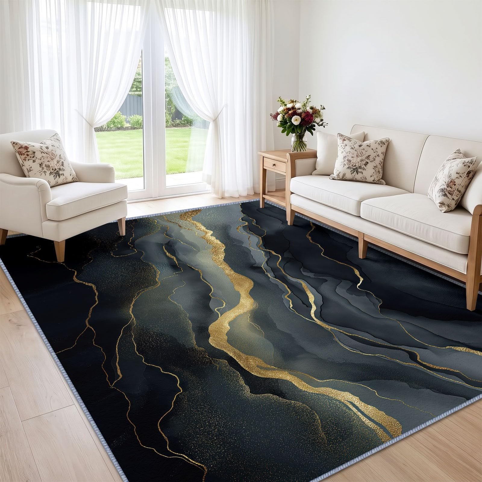 Zmywalny dywan z abstrakcyjnego marmuru, do salonu, 140 x 200 cm, akwarela, złote żyłki, antypoślizgowy dywan z krótkim włosiem, dywan do sypialni, mata podłogowa do jadalni, kuchni, domu, biura