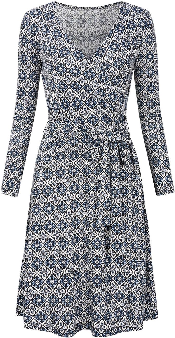 SUNGLORY Casual Wrap Dress,Women's V-Neck Geometric Long Sleeve Knee Fit-and-Flare Dress Blue&White L